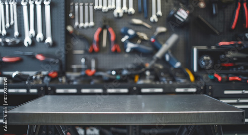 Wallpaper Mural Workbench with tools in a workshop, gray surface, organized background. Torontodigital.ca
