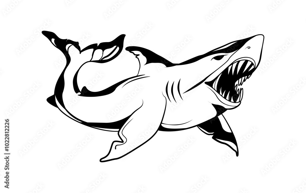 Obraz premium Black and white illustration of a fierce shark with an open mouth full of sharp teeth. Street art, Brutalism flash tattoo, black and white illustration, isolated vector graphic