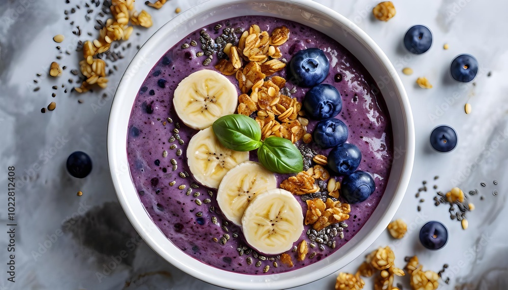 Vibrant smoothie bowl with bananas and blueberries, healthy breakfast, wellness promotion Vibrant smoothie bowl with bananas and blueberries, healthy breakfast, wellness promotion