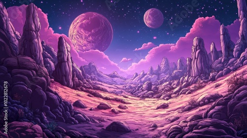 2D cartoon background for a space game featuring a fantasy alien planet with red sand Landscape includes rocky surfaces and a vibrant cosmic purple and pink design for arcade settings