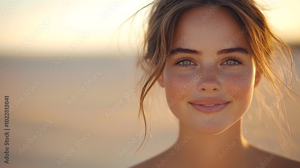 Smiling Woman with Clear Glowing Skin at Sunset Smiling Woman with Clear Glowing Skin at Sunset