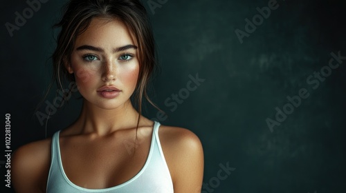 Beautiful woman in white T-shirt Female breast dark background