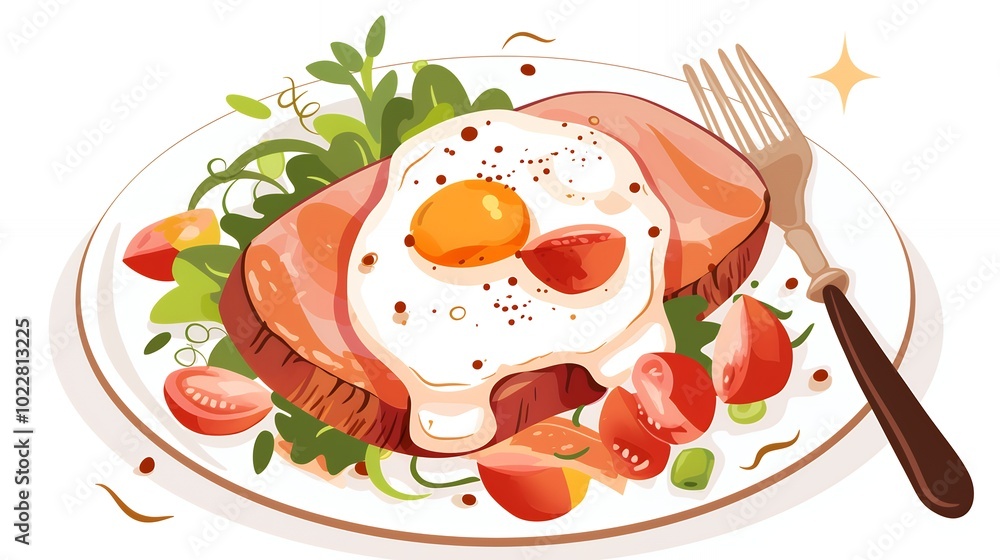 A delicious breakfast of a fried egg over a slice of ham, served with fresh tomatoes and greens. A delicious breakfast of a fried egg over a slice of ham, served with fresh tomatoes and greens.
