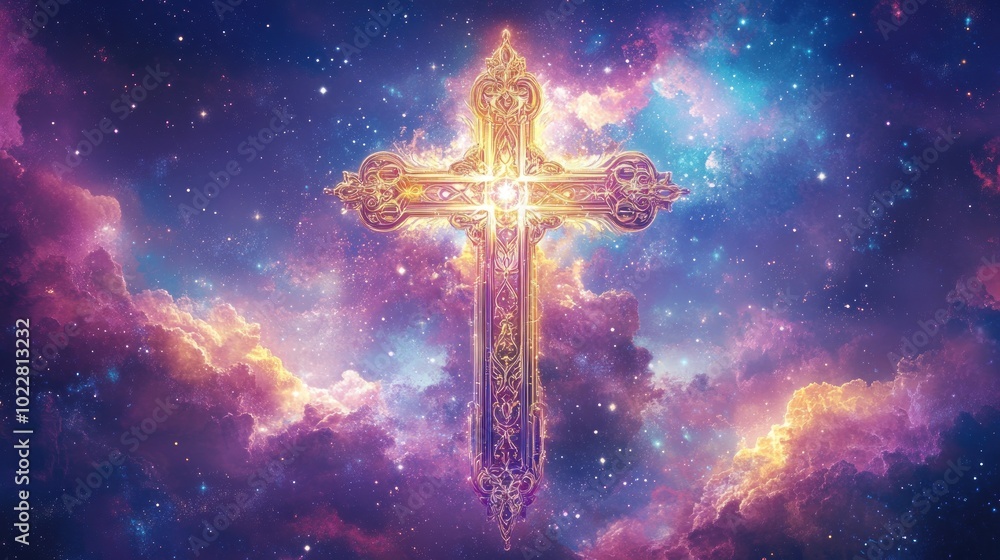 A luminous cross set against a vibrant cosmic background, symbolizing spirituality and faith. A luminous cross set against a vibrant cosmic background, symbolizing spirituality and faith.