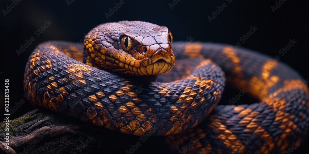 Fototapeta premium A striking snake with vibrant orange and black scales lies curled on a dark background. This image captures the beauty and mystery of wildlife. 