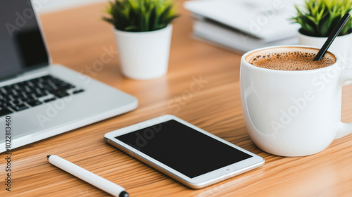 Cozy workspace with coffee, tablet, and laptop on a wooden desk, AI