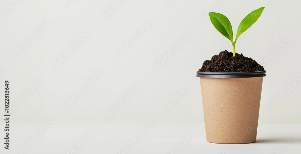 A small green plant sprouting from dark soil in a biodegradable pot against a white background. A small green plant sprouting from dark soil in a biodegradable pot against a white background.