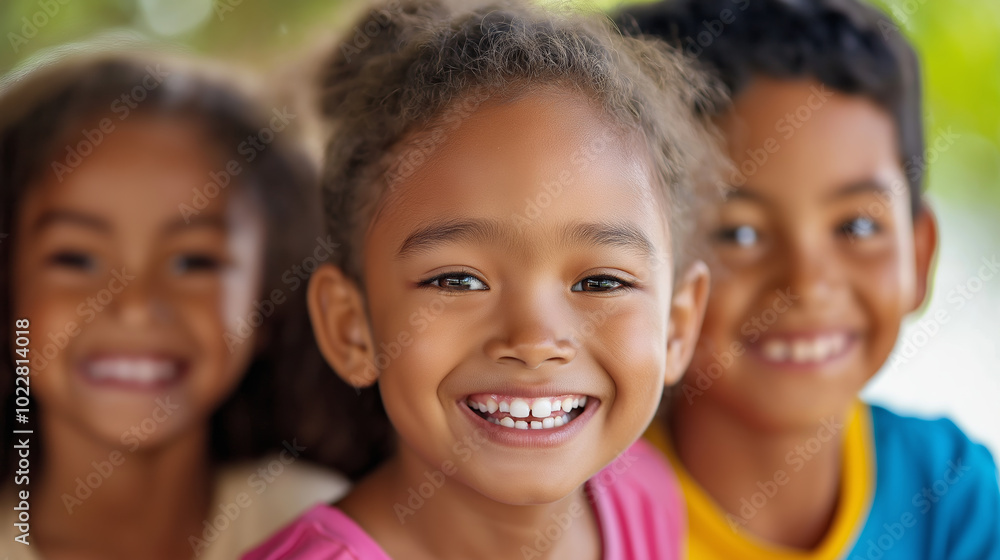 A joyful child smiles brightly, with two friends blurred in the background, radiating happiness. Represents the essence of childhood, joy, and friendship in a natural, international children's day A joyful child smiles brightly, with two friends blurred in the background, radiating happiness. Represents the essence of childhood, joy, and friendship in a natural, international children's day