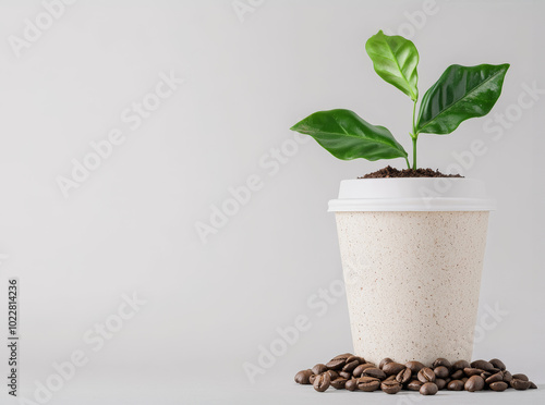 A small plant growing in a cup with coffee beans around on a white background. photo