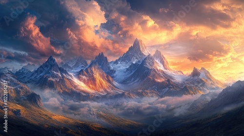 3D illustration of a landscape featuring towering peaks set against a dramatic cloudy sky