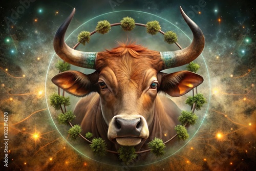 Taurus Zodiac Sign Symbol with Earthy Colors and Astrological Elements on a Textured Background