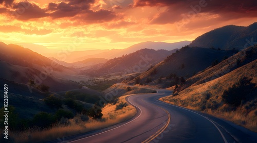 Winding Road Through Mountain Valley at Sunset