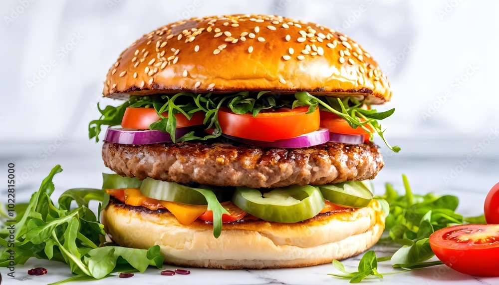 Gourmet cheeseburger with fresh veggies on marble, perfect for food blog or menu design Gourmet cheeseburger with fresh veggies on marble, perfect for food blog or menu design