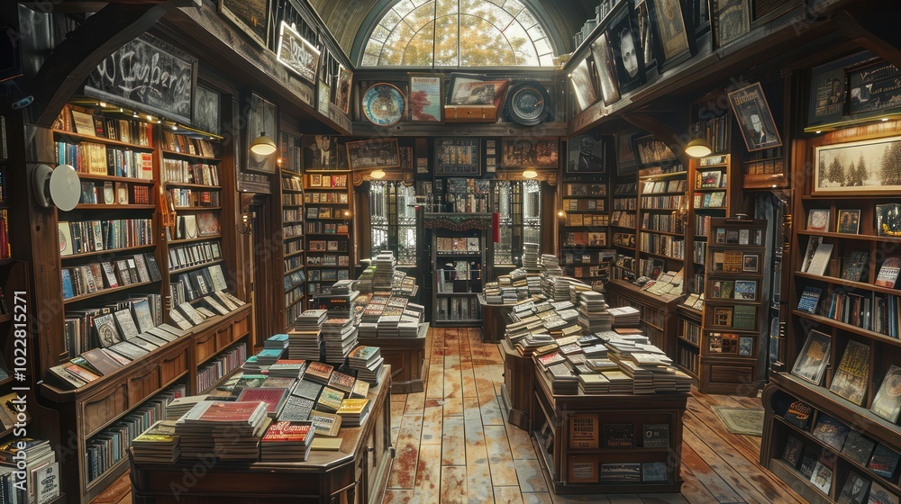photorealism of A warm, retro bookstore with floor-to-ceiling wooden shelves, vintage posters and warm lighting shining down on album covers. photorealism of A warm, retro bookstore with floor-to-ceiling wooden shelves, vintage posters and warm lighting shining down on album covers.