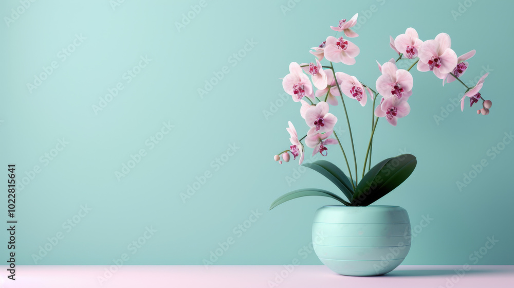 Pink Orchid in a Turquoise Pot on a Pastel Background Pink Orchid in a Turquoise Pot on a Pastel Background