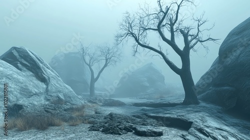 3D illustration depicting a landscape featuring unique designs showcasing dry trees nestled between large rocks in a fog laden atmosphere photo