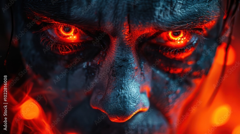 photorealism of Creepy images of a man transformed into a monster for Halloween with elaborate make-up and glowing, otherworldly eyes photorealism of Creepy images of a man transformed into a monster for Halloween with elaborate make-up and glowing, otherworldly eyes