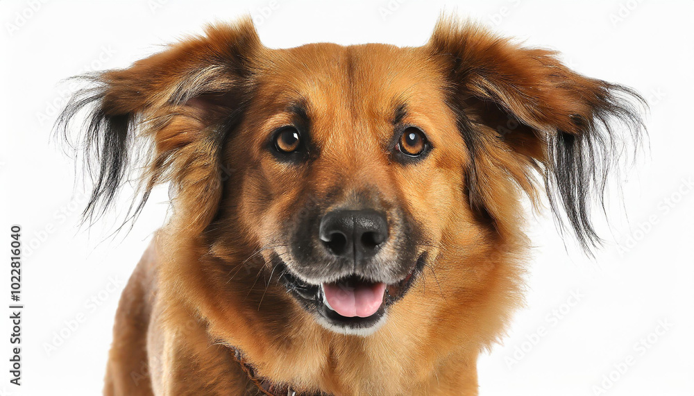 A cheerful brown dog with fluffy ears and a bright smile stands against a white background, showcasing its playful personality A cheerful brown dog with fluffy ears and a bright smile stands against a white background, showcasing its playful personality