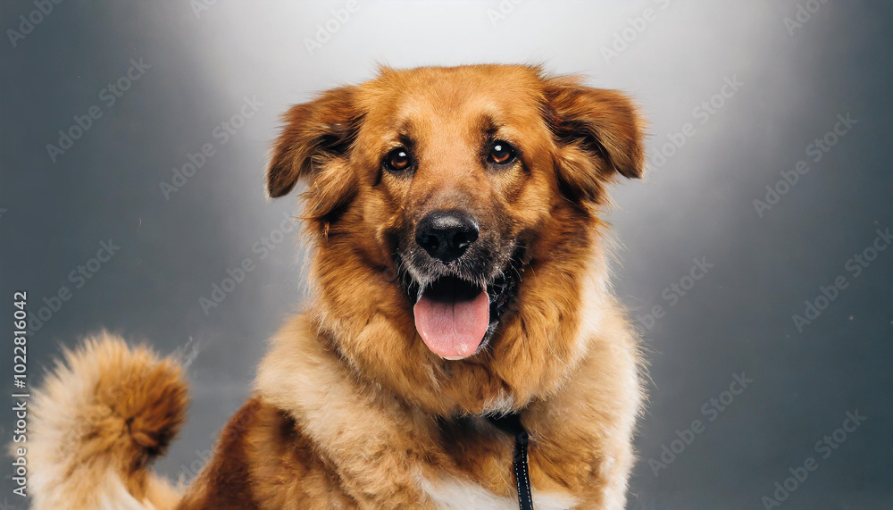 A cheerful dog with fluffy fur poses in a studio setting under bright lights during a photoshoot A cheerful dog with fluffy fur poses in a studio setting under bright lights during a photoshoot