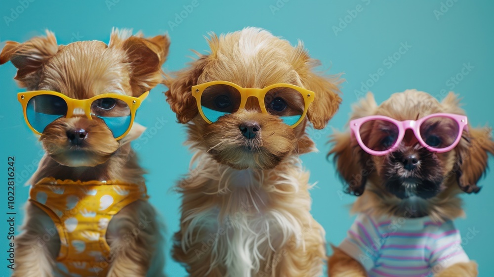 photorealism of Isolated on background collection of cute puppies wearing sunglasses and summer outfits looking at the camera. photorealism of Isolated on background collection of cute puppies wearing sunglasses and summer outfits looking at the camera.