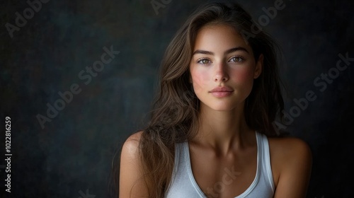 Beautiful woman in white T-shirt Female breast dark background