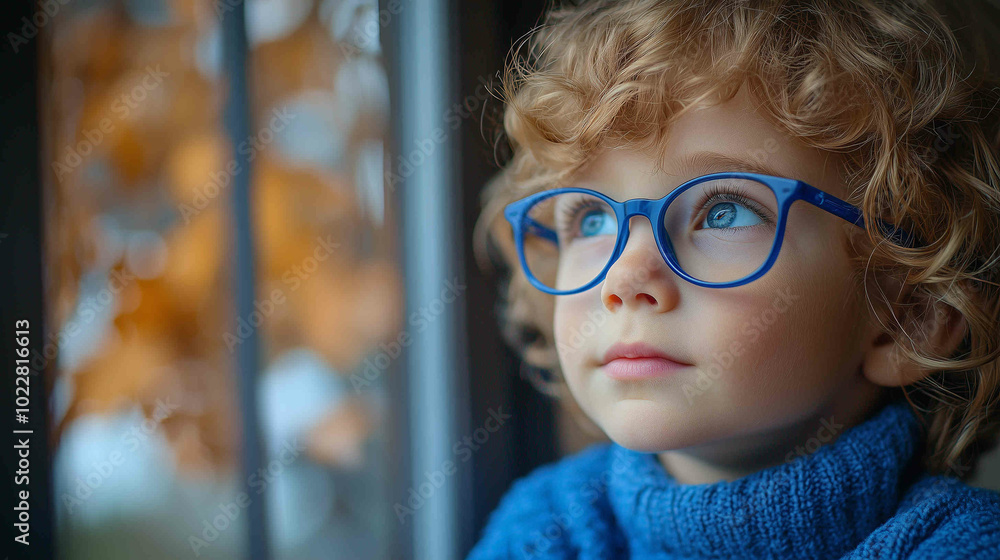 Young child wearing blue glasses focusing on distant tree outside window, symbolizing myopia prevention and importance of outdoor activities. Young child wearing blue glasses focusing on distant tree outside window, symbolizing myopia prevention and importance of outdoor activities.