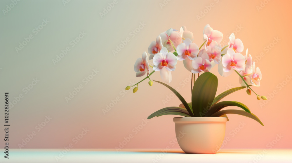 White Orchid Flower in Pot on a Gradient Background White Orchid Flower in Pot on a Gradient Background