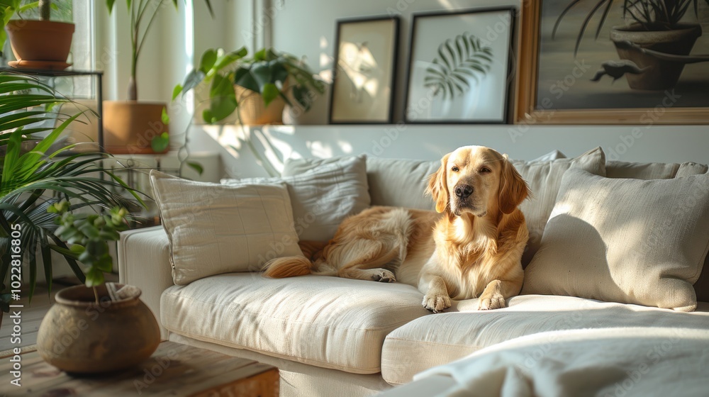 Obraz premium The interior is luxurious with a beige sofa with a dog sitting in the center, a console table and chic decorations. This room feels warm .