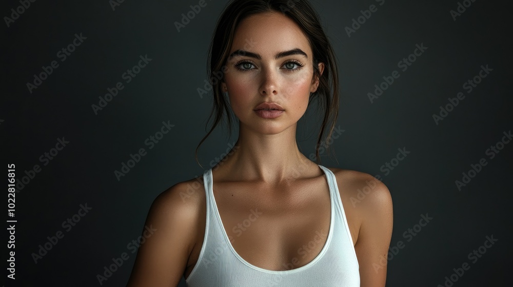 Beautiful woman in white T-shirt Female breast dark background Beautiful woman in white T-shirt Female breast dark background