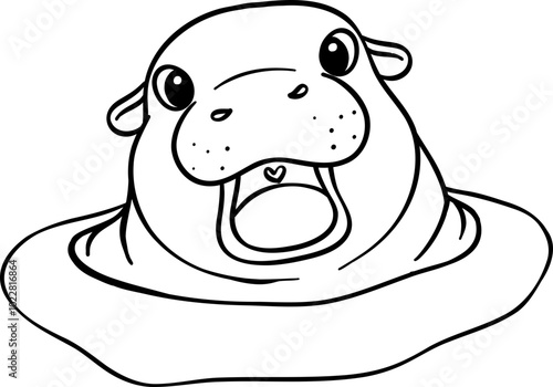 Happy Pygmy bouncy hippo in water doodle outline coloring image