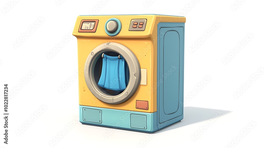 Cartoon Yellow Washing Machine with Blue Door and Laundry 3D Render Cartoon Yellow Washing Machine with Blue Door and Laundry 3D Render