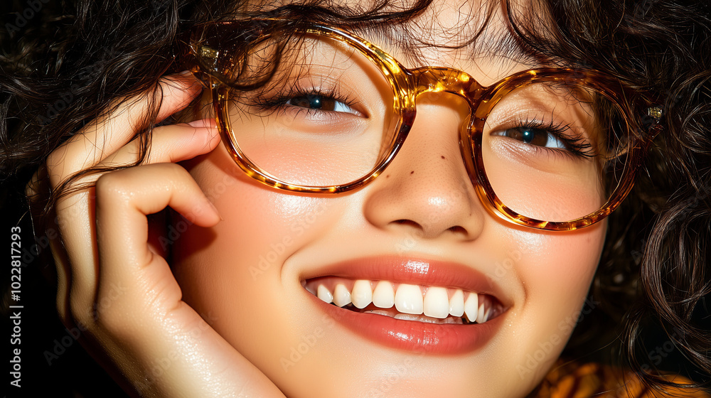 Close-up of a smiling woman wearing round tortoiseshell glasses. Close-up of a smiling woman wearing round tortoiseshell glasses.