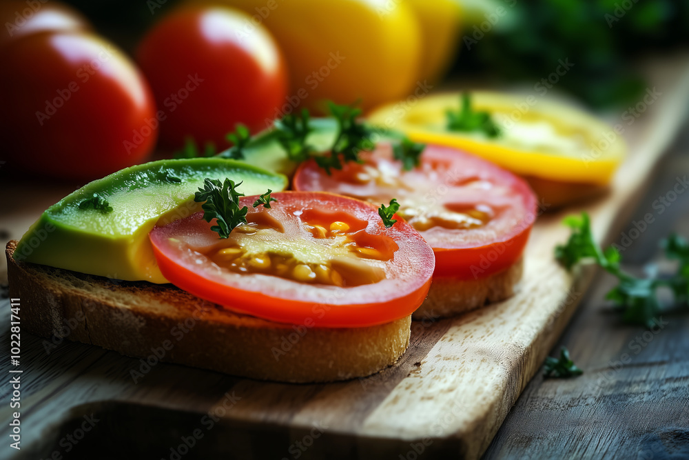 Avocado, tomato and parsley open faced sandwiches on a wooden board. Avocado, tomato and parsley open faced sandwiches on a wooden board.