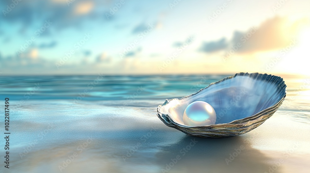 Obraz premium Shimmering Pearl in a Shell by the Seaside