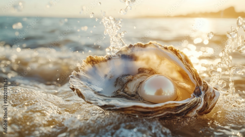 Shimmering Pearl in an Open Oyster by the Shore Shimmering Pearl in an Open Oyster by the Shore