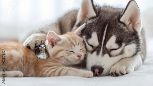 Siberian Husky puppy with stethoscope on his neck huggs british kitten isolated on white background : Generative AI photo