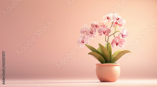 Pink Orchid in Pot on Peach Background