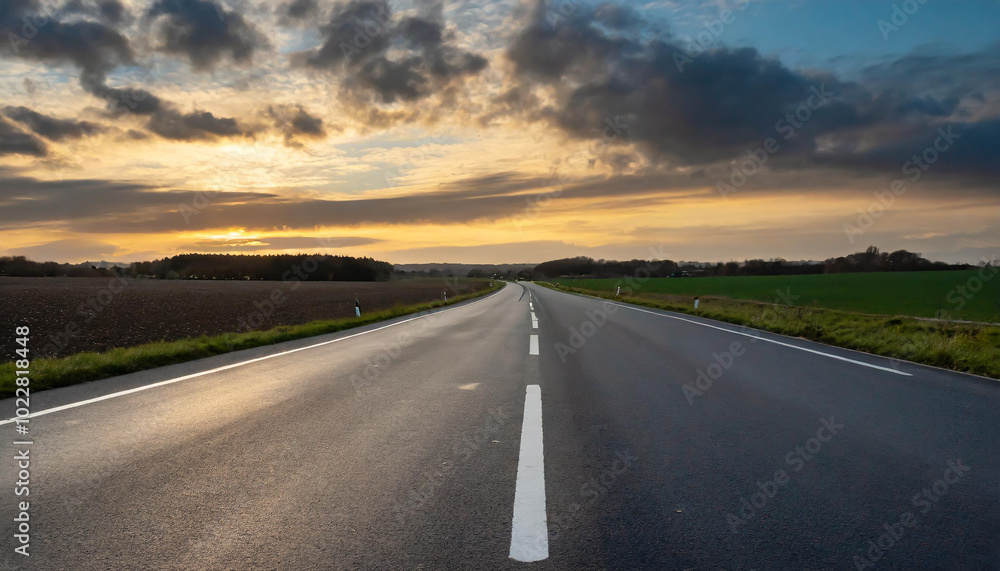 A peaceful rural road stretches into the horizon beneath a colorful sunset with scattered clouds and lush fields on both sides A peaceful rural road stretches into the horizon beneath a colorful sunset with scattered clouds and lush fields on both sides