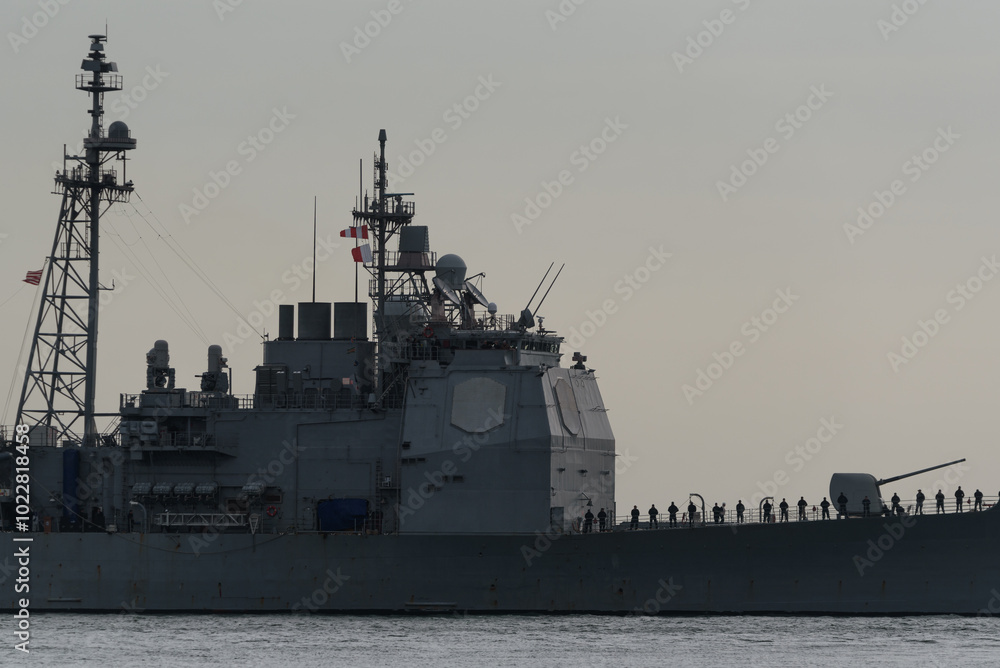 WARSHIP - American Ticonderoga-class guided missile cruiser at sea
WARSHIP - American Ticonderoga-class guided missile cruiser at sea