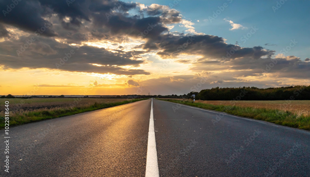 A serene sunset over a long, open road stretching into the horizon amidst fields and cloudy skies in a scenic rural setting A serene sunset over a long, open road stretching into the horizon amidst fields and cloudy skies in a scenic rural setting