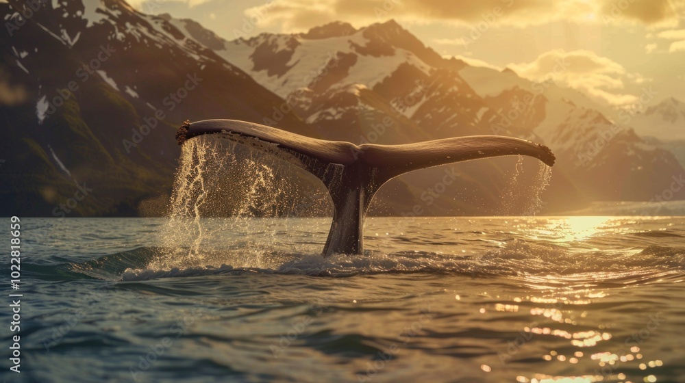 Fototapeta premium Whale Tail Splashing in Golden Sunset