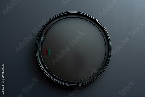 A round black mirror resting on a dark surface, reflecting subtle shadows and colors in a minimalist setting