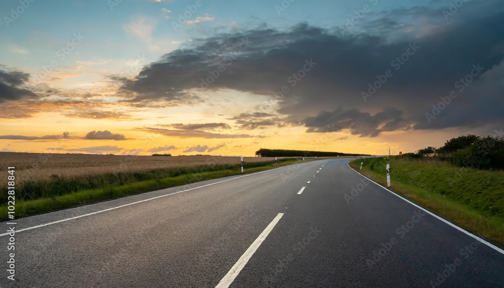 A winding road through a serene landscape at sunset with dramatic clouds over a peaceful countryside A winding road through a serene landscape at sunset with dramatic clouds over a peaceful countryside