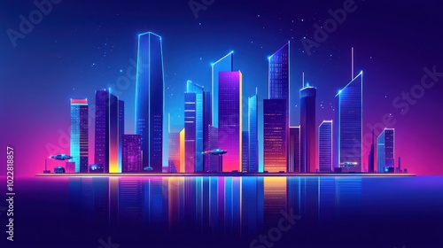 A vibrant, futuristic city skyline illuminated by neon lights and reflections on water.