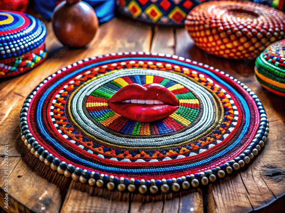 Traditional African Lip Disk Displayed on a Rustic Table Surrounded by Cultural Artifacts and Textiles Traditional African Lip Disk Displayed on a Rustic Table Surrounded by Cultural Artifacts and Textiles