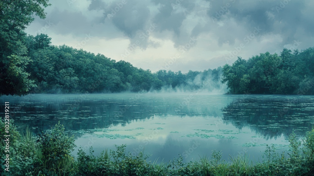 Fototapeta premium A misty lake surrounded by trees.