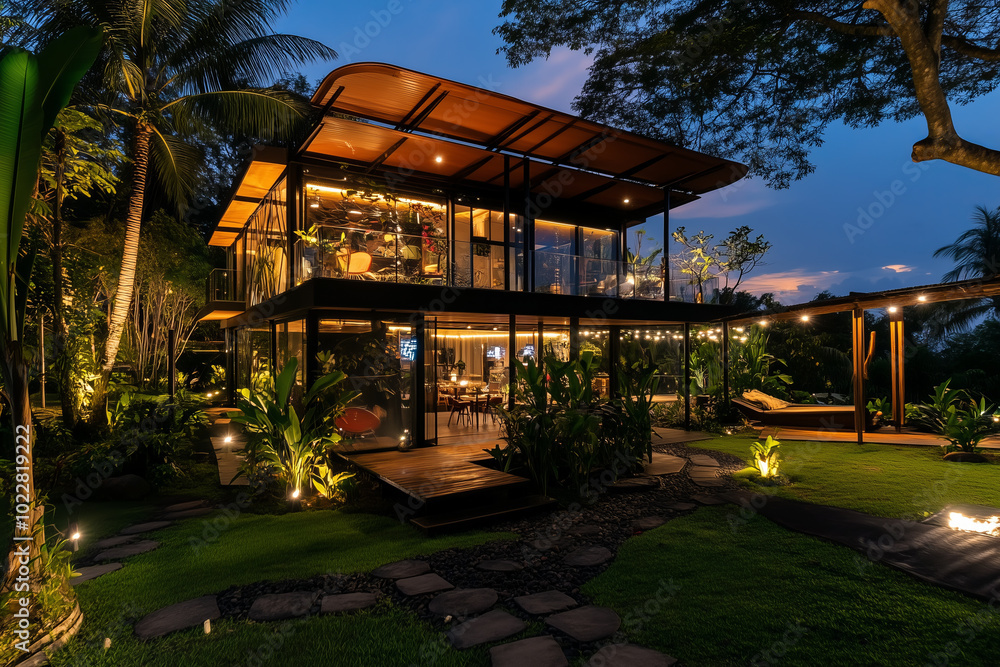Modern glass house illuminated at night with lush tropical landscaping. Modern glass house illuminated at night with lush tropical landscaping.