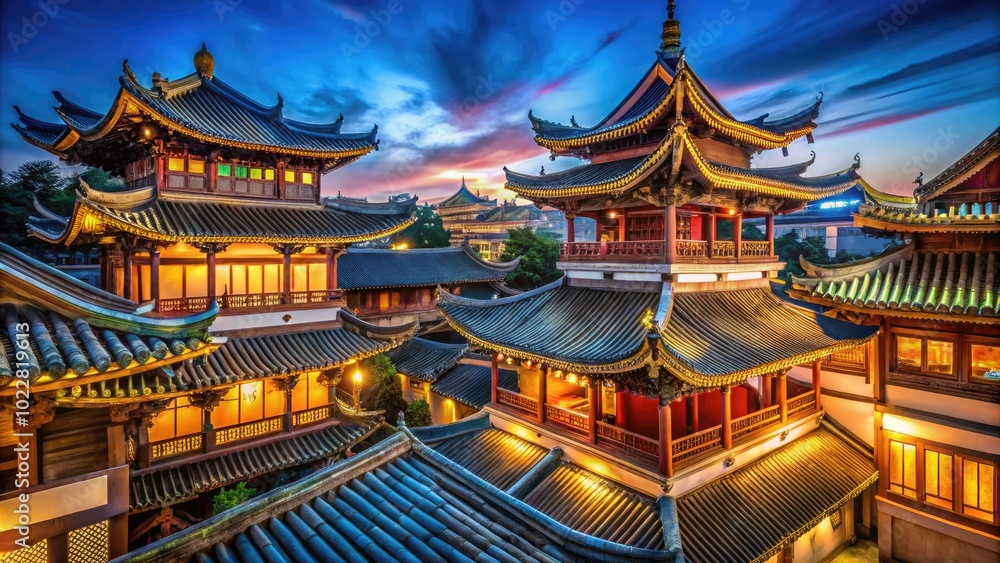 Traditional Chinese Forum Architecture with Ornate Roofs and Intricate Wooden Carvings in Urban Setting Traditional Chinese Forum Architecture with Ornate Roofs and Intricate Wooden Carvings in Urban Setting
