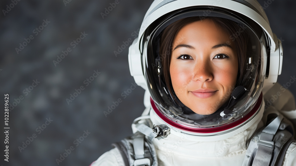 A female astronaut smiles confidently in her spacesuit. A female astronaut smiles confidently in her spacesuit.