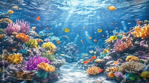 Fototapeta Naklejka Na Ścianę i Meble -  Lively 3D wallpaper of an underwater coral reef with colorful fish and coral structures, bringing oceanic life to the surface. No logos or people.
